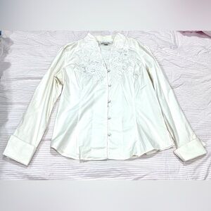Coldwater Creek Cream Button Down Shirt with Floral Details